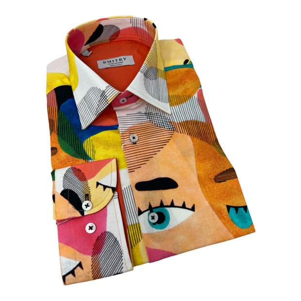DMITRY Italian Faces in Abstract Patterned Cotton Men's Long Sleeve Shirt (Online Exclusive)