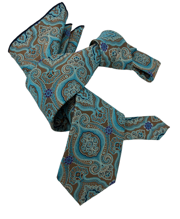 DMITRY 7-Fold Men's Teal Patterned Italian Silk Tie & Pocket Square Set