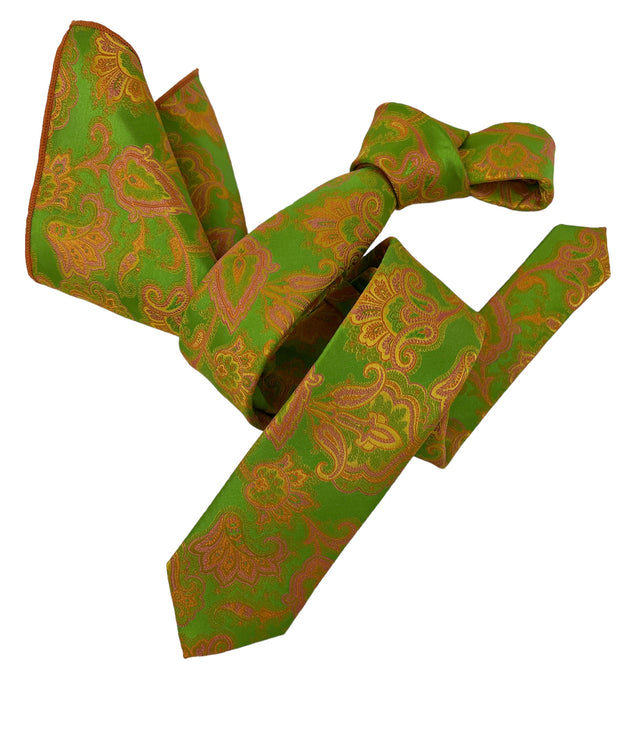 Dmitry Men's Neon Green Patterned Italian Silk Skinny Tie & Pocket Square Set