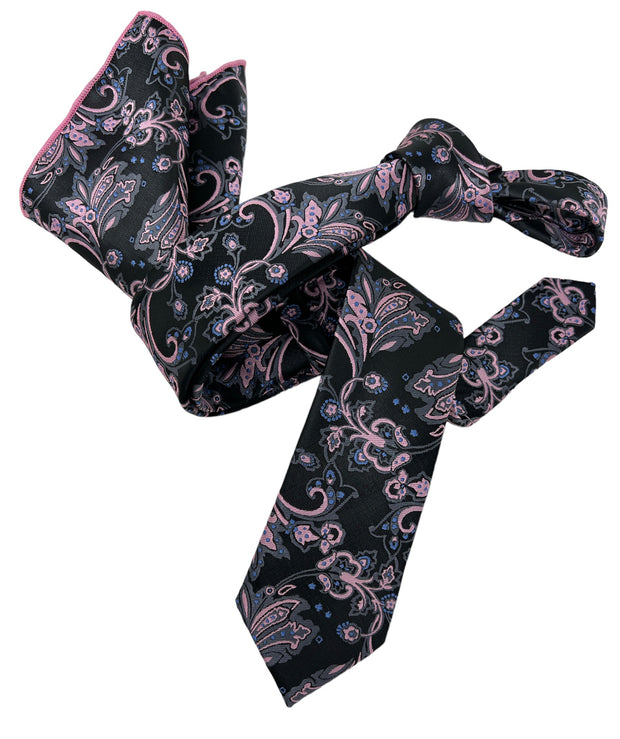 Dmitry Men's Black Patterned Italian Silk Skinny Tie & Pocket Square Set