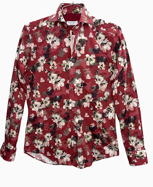 DMITRY Italian Burgundy Floral Cotton Men's Long Sleeve Shirt XXL 18-18.5 36/37 DMITRY Italian Burgundy Floral Cotton Men's Long Sleeve Shirt XXL 18-18.5 36/37