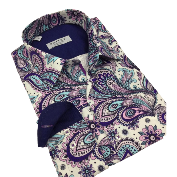 DMITRY Italian Purple Patterned Cotton Men's Long Sleeve Shirt (Online Exclusive)