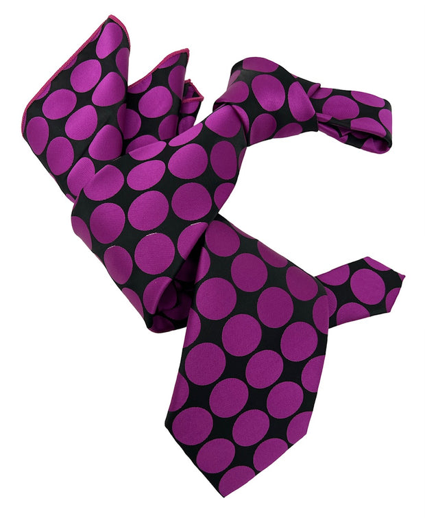 DMITRY 7-Fold Men's Fuchsia/Black Polka Dot Italian Silk Tie & Pocket Square Set