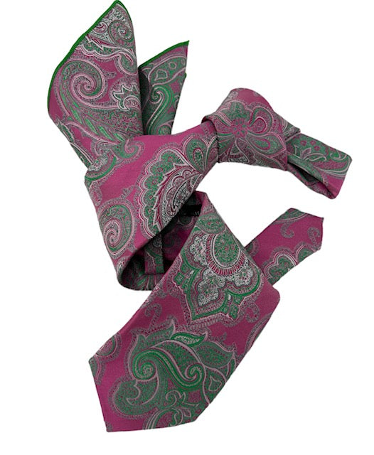 DMITRY 7-Fold Men's Fuchsia Patterned Italian Silk Tie & Pocket Square Set