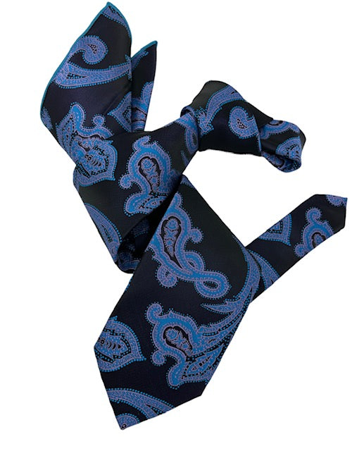 DMITRY 7-Fold Men's Navy/Purple Patterned Italian Silk Tie & Pocket Square Set