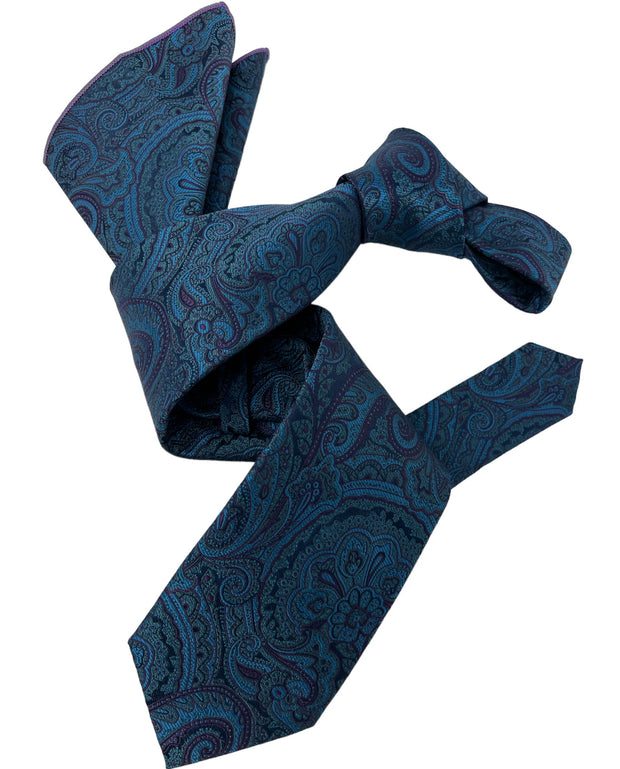 DMITRY Men's Teal Blue Patterned Italian Silk Tie & Pocket Square Set