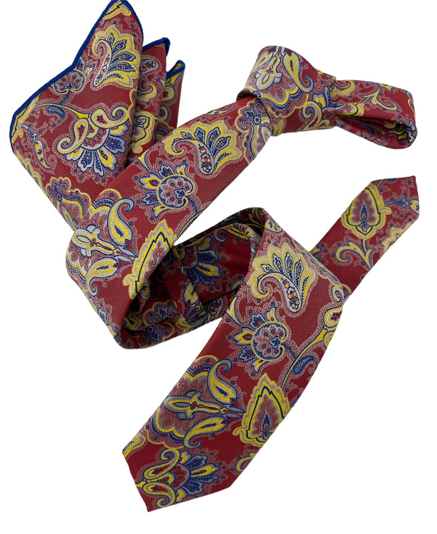 Dmitry Men's Coral Red Patterned Italian Silk Skinny Tie & Pocket Square Set