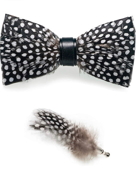 Handmade Feather Black Patterned Pre-Tied Bow Tie & Lapel Pin Set