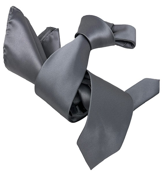 DMITRY Men's Solid Grey Italian Silk Tie & Pocket Square Set