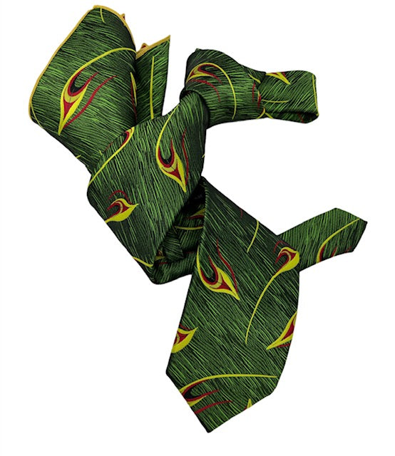 DMITRY 7-Fold Men's Green Patterned Italian Silk Tie & Pocket Square Set