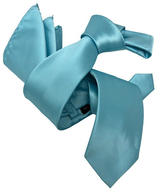 DMITRY Men's Solid Teal Blue Italian Silk Tie & Pocket Square Set