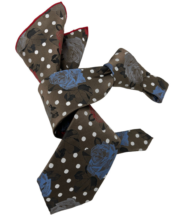 DMITRY 7-Fold Men's Brown Patterned Italian Silk Tie & Pocket Square Set