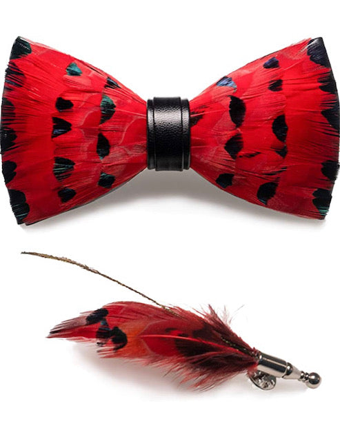 Handmade Feather Red Patterned Pre-Tied Bow Tie & Lapel Pin Set