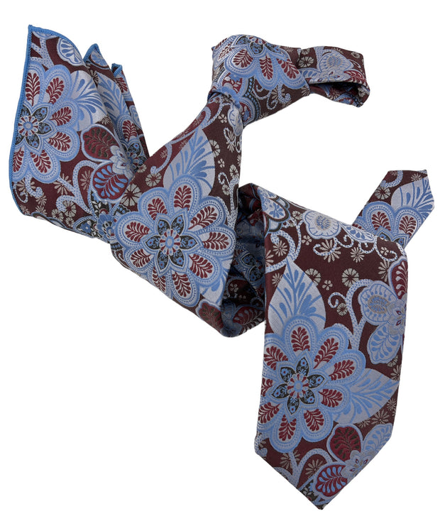 DMITRY 7-Fold Men's Light Blue Patterned Italian Silk Tie & Pocket Square Set