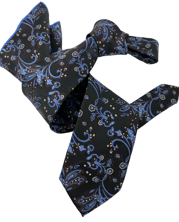 DMITRY Men's Dark Brown Patterned Italian Silk Tie & Pocket Square Set