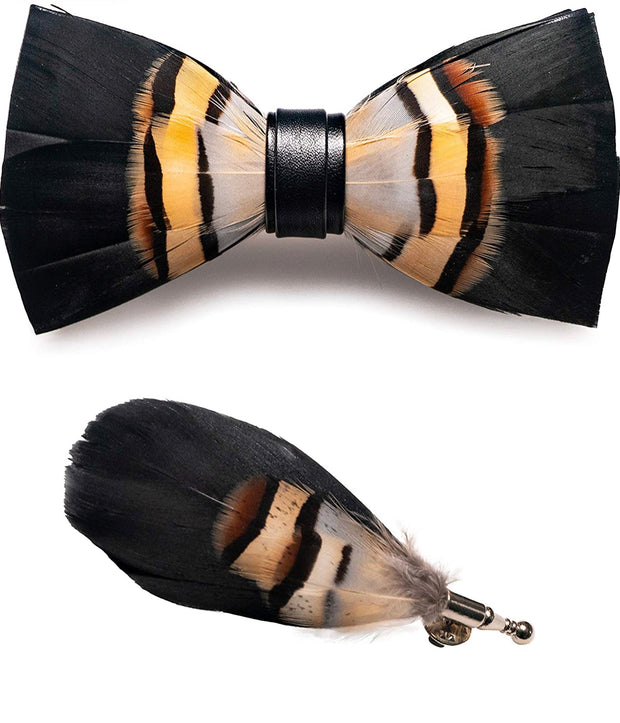 Handmade Feather Pre-Tied Bow Tie & Lapel Pin Set