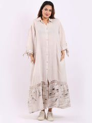 DMITRY Women's Made in Italy Beige Linen Eyelet Lace Frilled Hem Shirt Dress