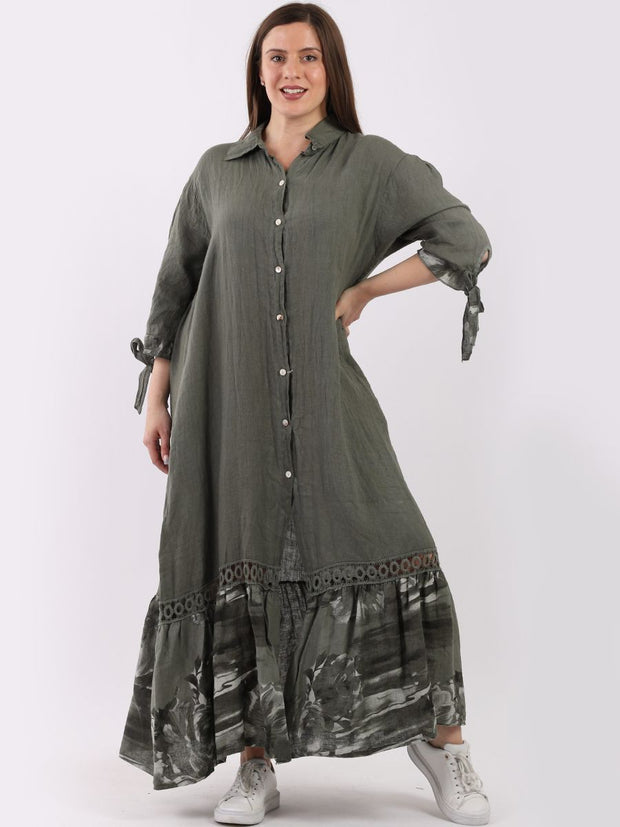 DMITRY Women's Made in Italy Khaki Linen Eyelet Lace Frilled Hem Shirt Dress