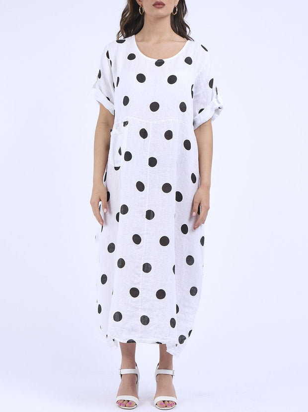 DMITRY Women's Made in Italy White Polka Dot Print Oversized Linen Dress