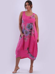DMITRY Women's Made in Italy Fuchsia Side Ribbed Linen Floral Tank Dress