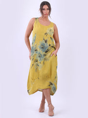 DMITRY Women's Made in Italy Mustard Yellow Side Ribbed Linen Floral Tank Dress