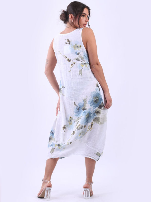 DMITRY Women's Made in Italy White Side Ribbed Linen Floral Tank Dress
