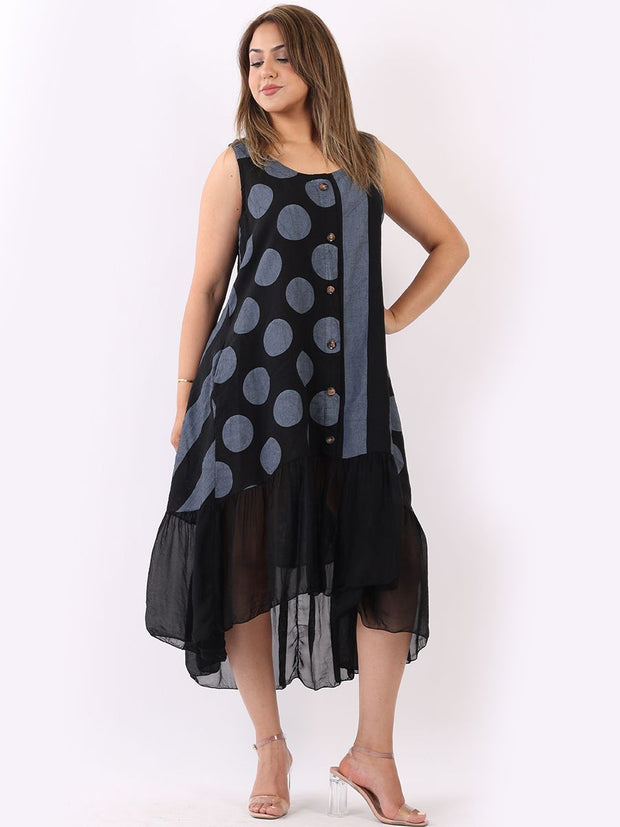 DMITRY Women's Made in Italy Sleeveless Linen Striped & Polka Dot Black Tank Dress