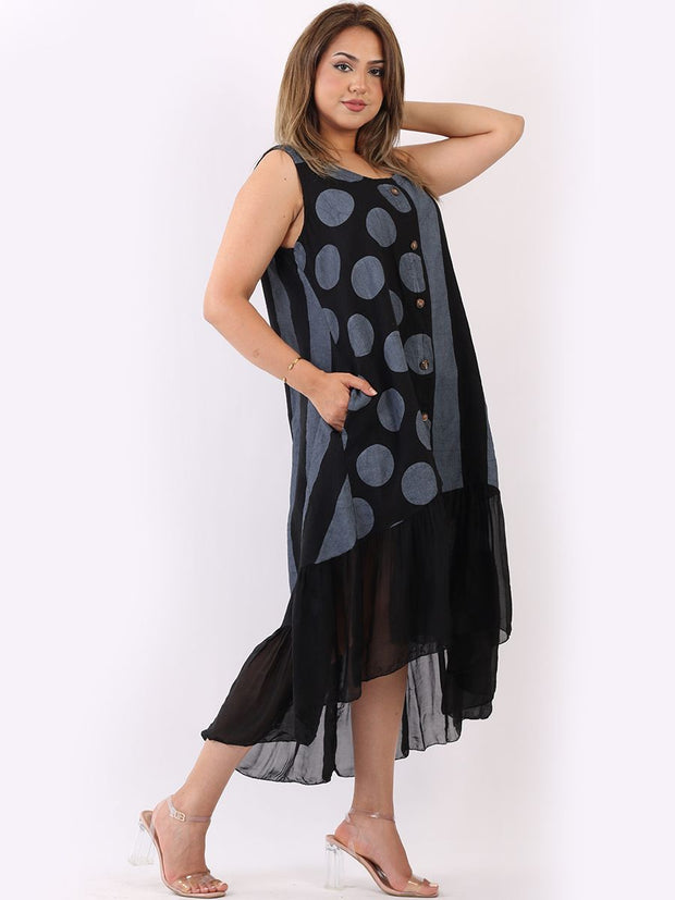 DMITRY Women's Made in Italy Sleeveless Linen Striped & Polka Dot Black Tank Dress