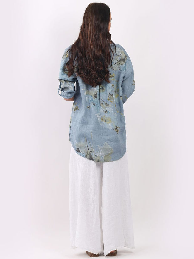 DMITRY Women's Made in Italy Buttons Down Hi-Lo Linen Denim Blue Floral Top