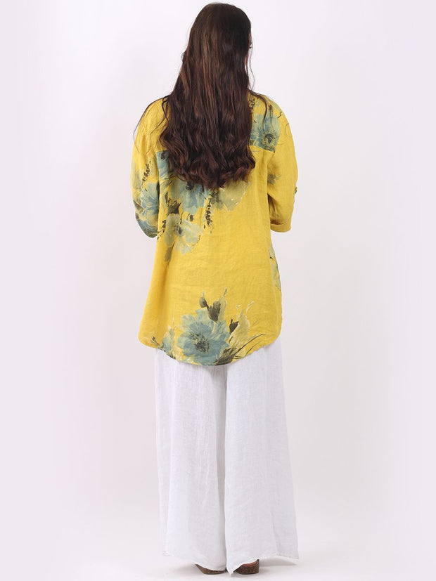 DMITRY Women's Made in Italy Buttons Down Hi-Lo Linen Mustard Yellow Floral Top