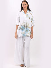 DMITRY Women's Made in Italy Buttons Down Hi-Lo Linen White Floral Top