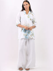 DMITRY Women's Made in Italy Buttons Down Hi-Lo Linen White Floral Top