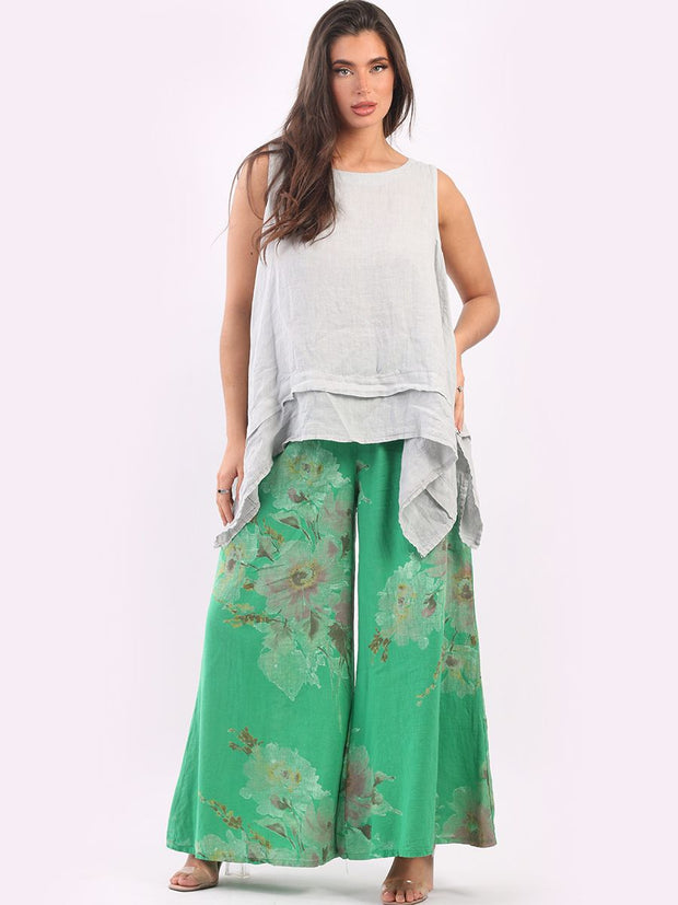 DMITRY Women's Made in Italy Floral Linen Green Palazzo Trouser