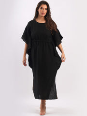 DMITRY Women's Made in Italy Butterfly Cut Linen Black Kaftan Dress