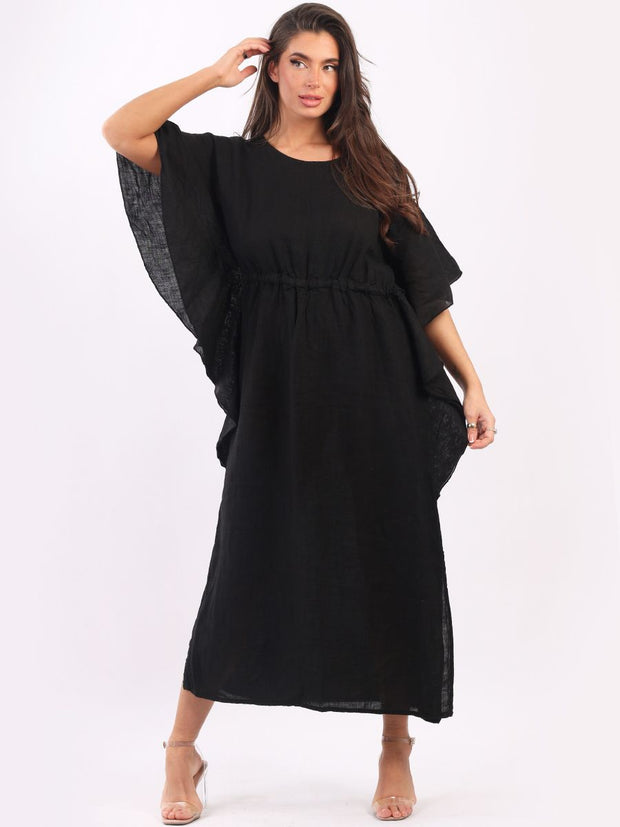 DMITRY Women's Made in Italy Butterfly Cut Linen Black Kaftan Dress