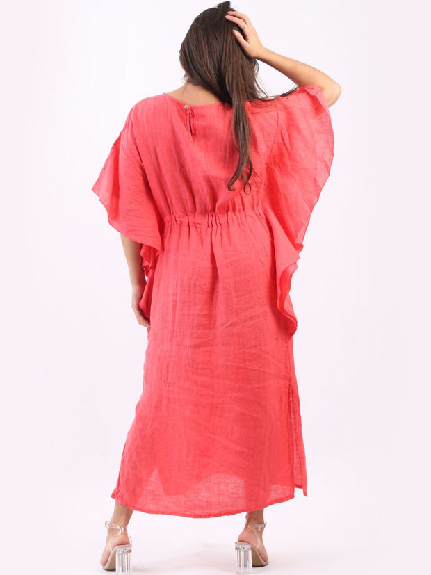 DMITRY Women's Made in Italy Butterfly Cut Linen Coral Kaftan Dress