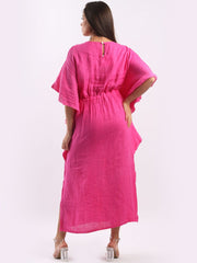 DMITRY Women's Made in Italy Butterfly Cut Linen Fuchsia Kaftan Dress