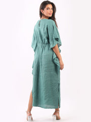 DMITRY Women's Made in Italy Butterfly Cut Linen Ocean Blue Kaftan Dress