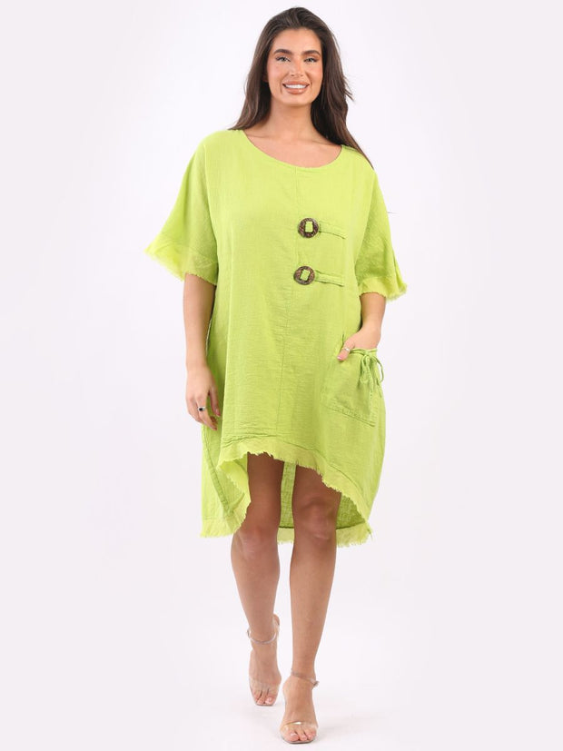 DMITRY Women's Made in Italy Linen Raw Edges Lime Green Dress