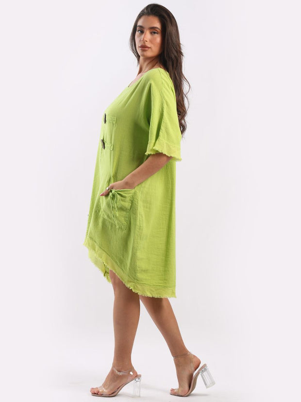 DMITRY Women's Made in Italy Linen Raw Edges Lime Green Dress